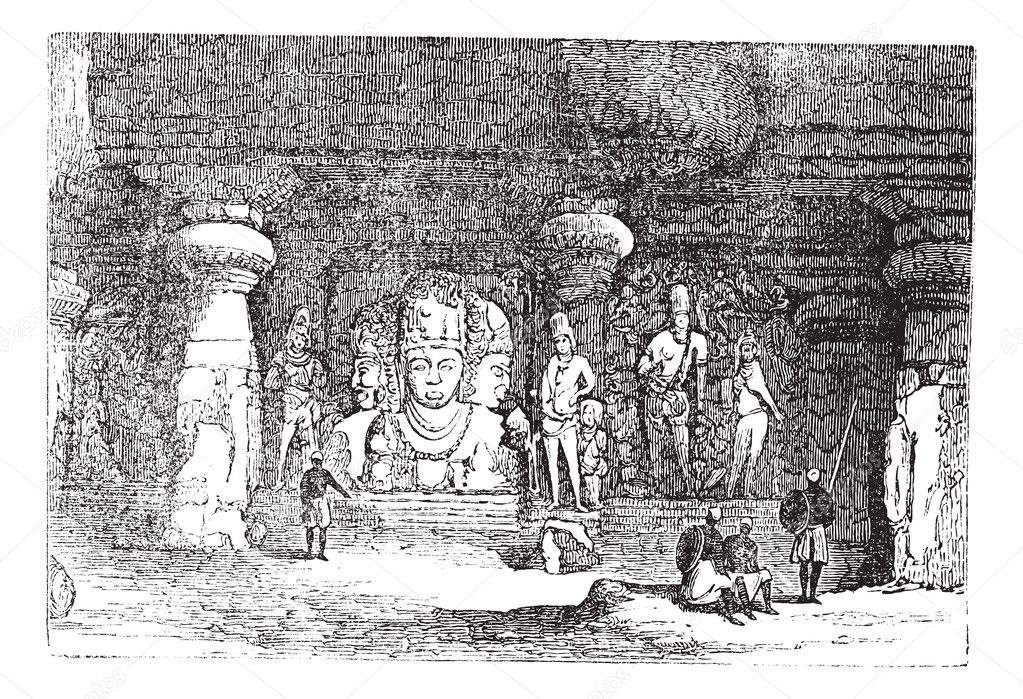 Elephanta Cave in Maharashtra, India, vintage engraving