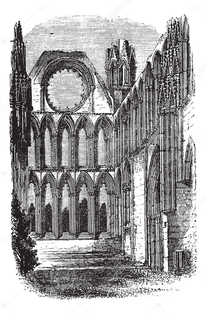Elgin Cathedral in Moray, Scotland, vintage engraving