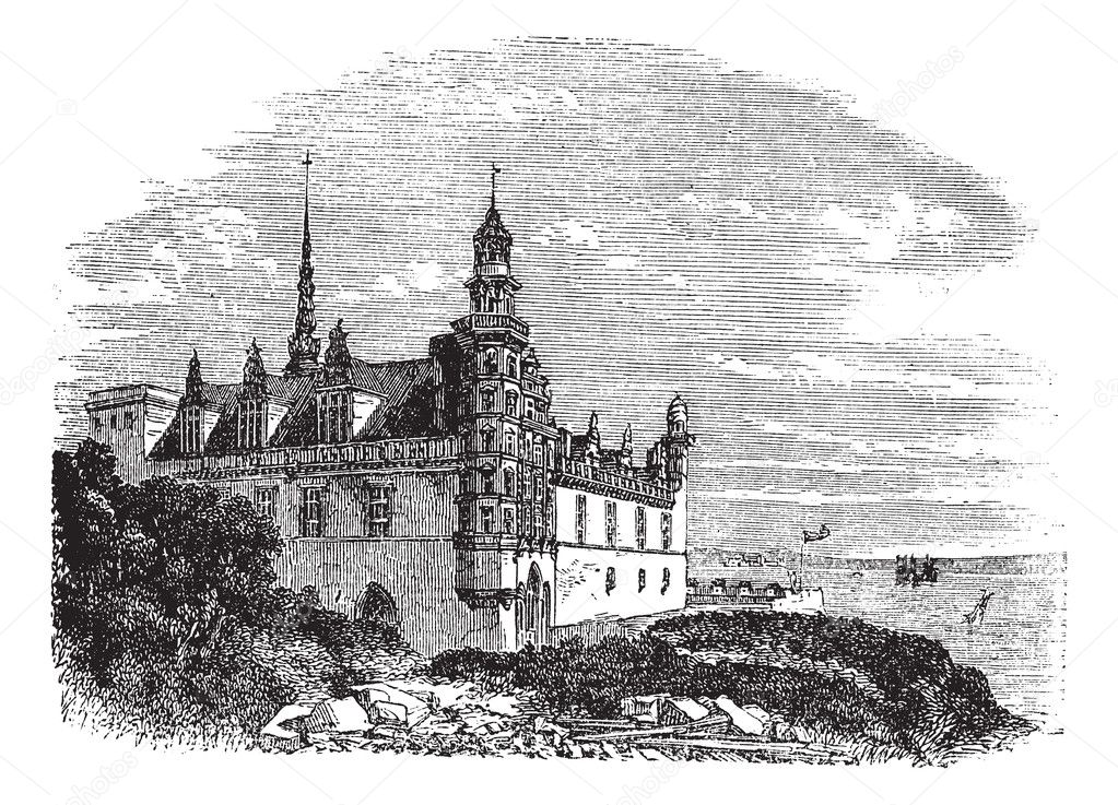 Kronborg Castle in Helsingor, Denmark, vintage engraving