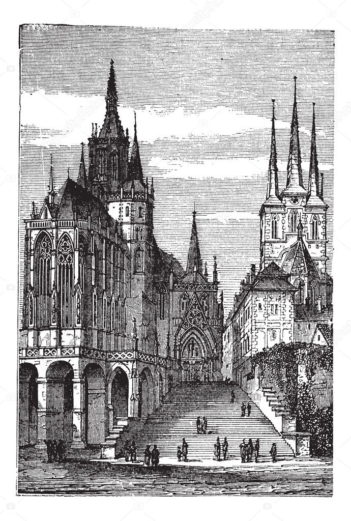 Erfurt Cathedral in Thuringia, Germany, vintage engraving