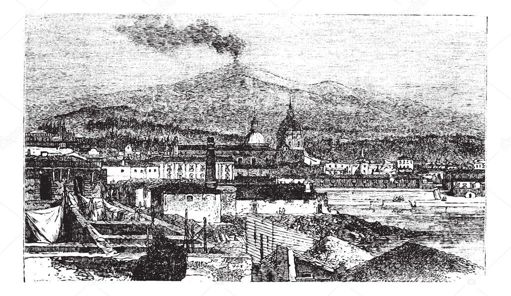 Mount Etna in Sicily, Italy, vintage engraving