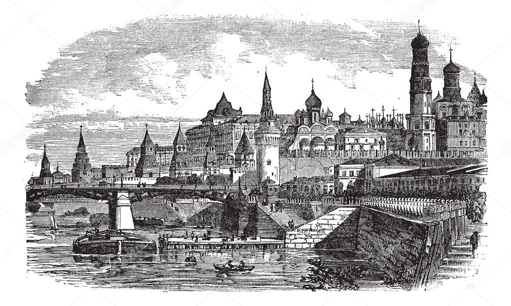 The Moscow Kremlin and river,Russia vintage engraving