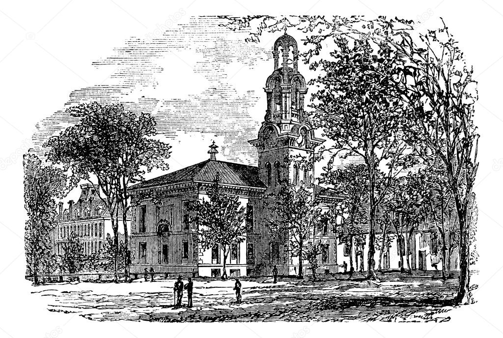 City Hall in Lawrence, Canada, vintage engraving
