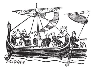 Norman Ship from the Bayeux Tapestry, vintage engraved illustrat clipart
