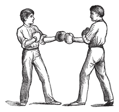 Two boxers in a fighting postion vintage engraving clipart