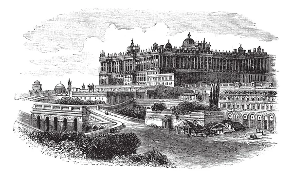 Le Palais Royal de Madrid en Espagne gravure vintage — Image vectorielle