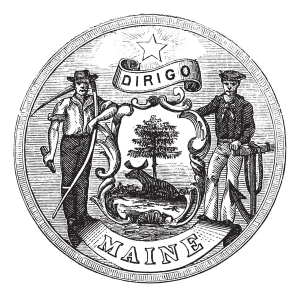 Großes Siegel des Bundesstaates Maine, Vereinigte Staaten, Vintage-Gravur — Stockvektor