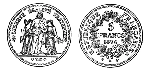 Pedaço de prata 5 francos, gravura vintage . —  Vetores de Stock
