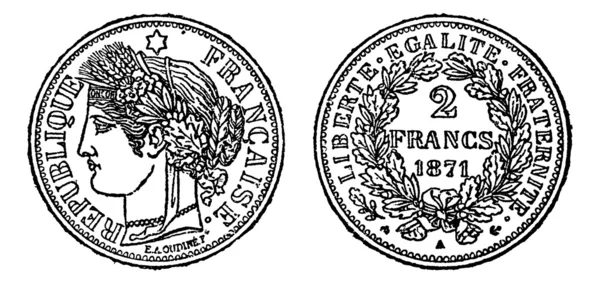 Кусок серебра 2 франка, винтажная гравировка . — стоковый вектор