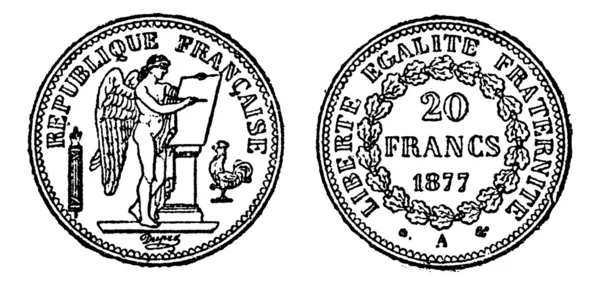 Золотая монета в 20 франков, винтажная гравировка . — стоковый вектор
