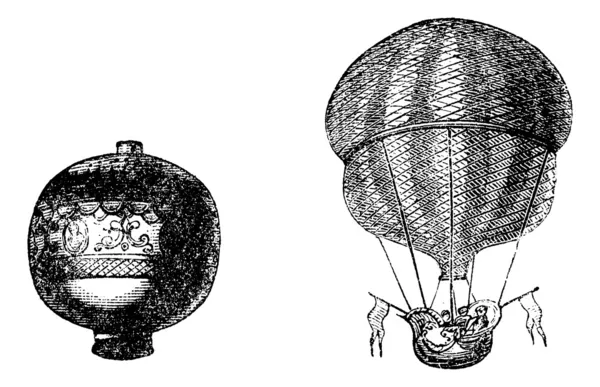 Ilk balon veya sıcak hava balon, vintage oyma — Stok Vektör