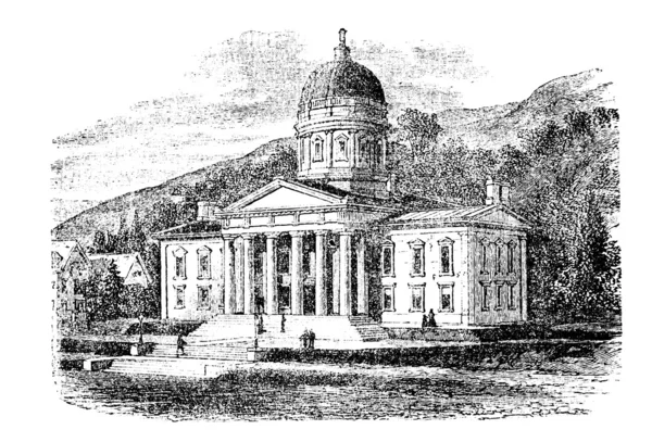 Edificio del Capitolio del Estado en Montpelier, Vermont, engra vintage — Vector de stock
