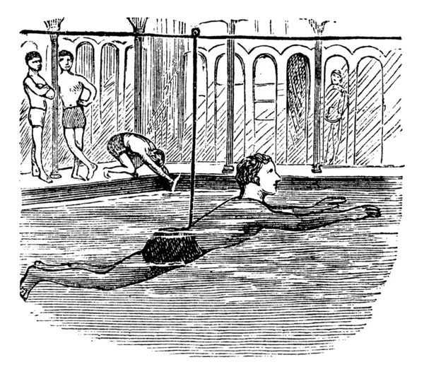 Aprendiendo a nadar con la ayuda de una cuerda, la vintage ilustración grabada — Archivo Imágenes Vectoriales