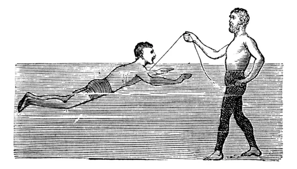 Apprendre à nager à l'aide d'une corde, vintage gravé illust — Image vectorielle