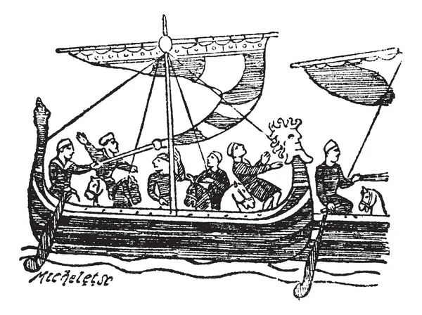 Norman fartyg från Bayeuxtapeten, vintage graverade nedanstående — Stock vektor