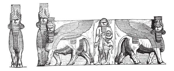 Рельефные скульптуры у входа в руины дворца Куюнджик, в М — стоковый вектор