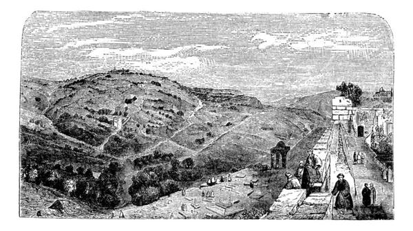 Monte das Oliveiras, visto do vale de Jerusalém, vintage engr —  Vetores de Stock