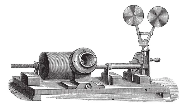 Een uurwerk grammofoon - c, cilinder, m, mond, vintage engravin — Stockvector
