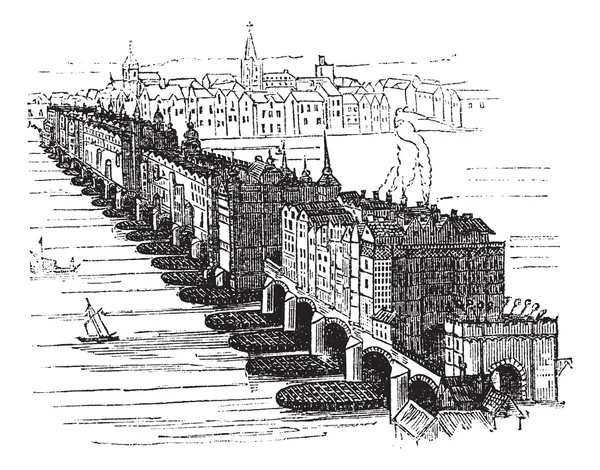 Old Medieval London Bridge, in Inghilterra, Regno Unito, vintage — Vettoriale Stock