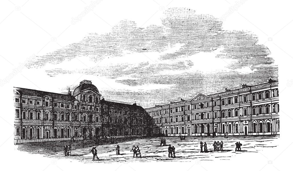The courtyard of Louvre Palace in Paris France vintage engraving
