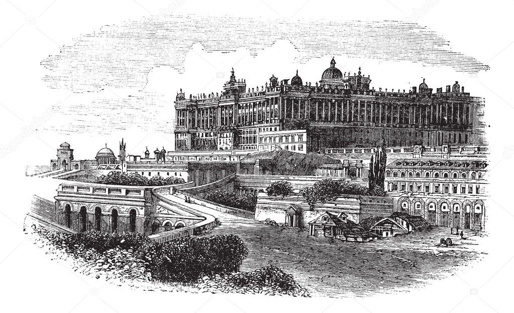 The Royal Palace of Madrid in Spain vintage engraving