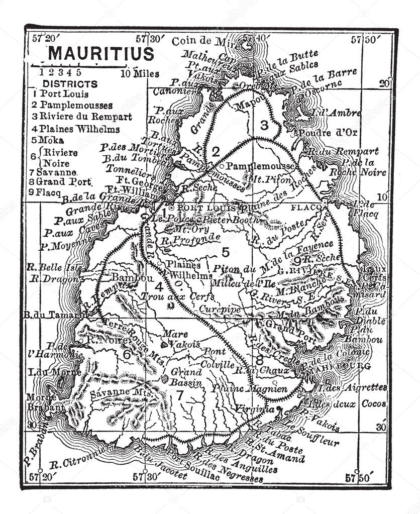 Map of Mauritius vintage engraving