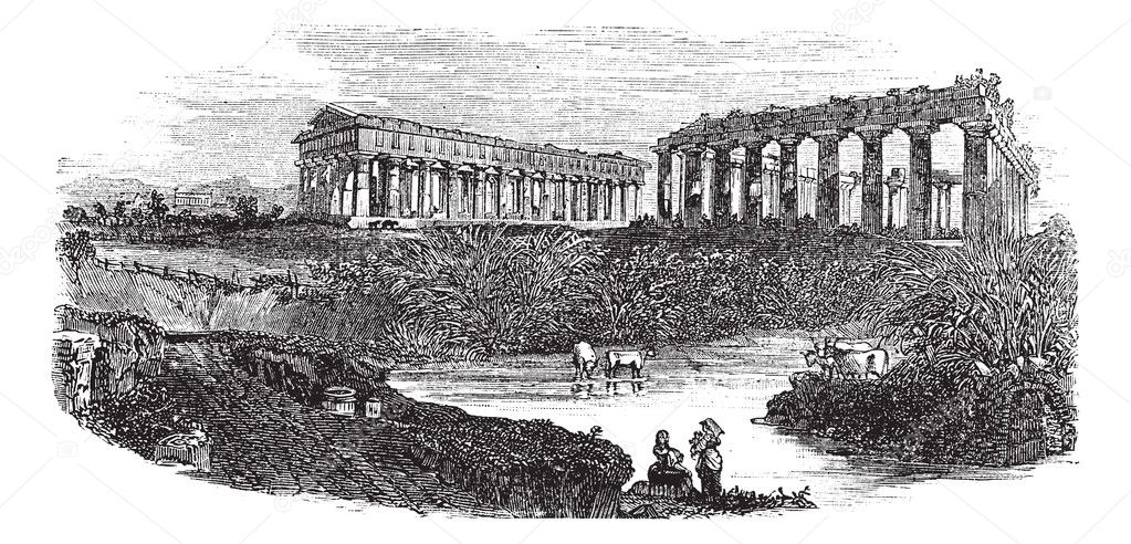 The ruins of temples at Paestum in Campania Italy vintage engrav