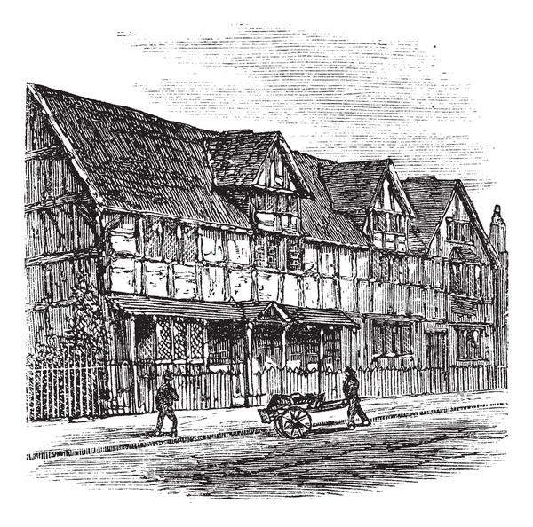 Shakespeares födelseplats på stratford-upon-avon, vintage engravi — Stock vektor