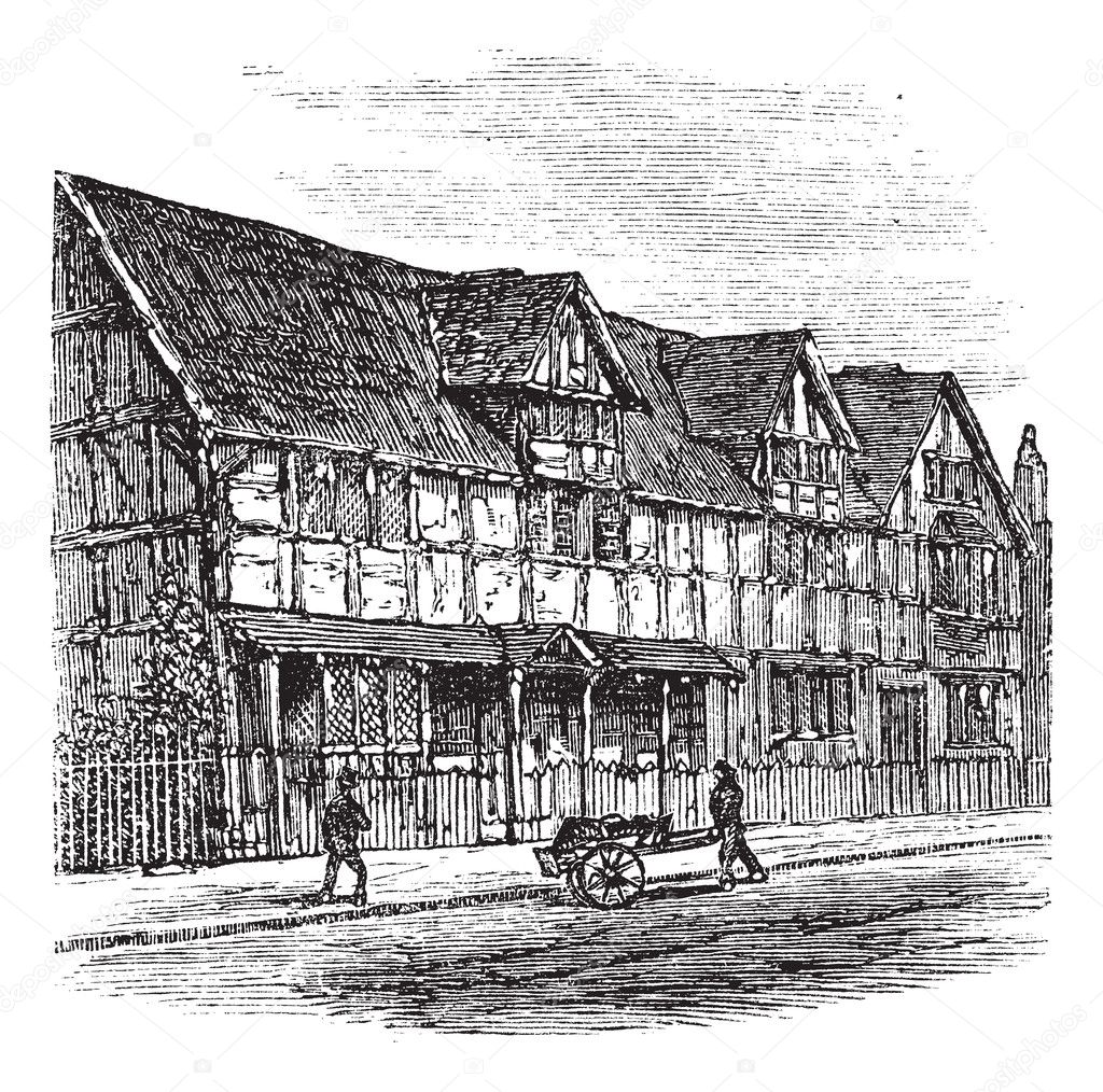 Shakespeare's Birthplace at Stratford-upon-Avon, vintage engravi