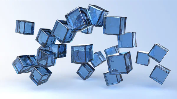 Синие стеклянные кубы в воздухе — стоковое фото