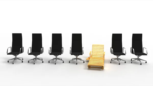 Skrivbordsstol bland kontorsstolar Stockfoto