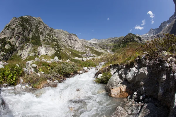 Corriente en las montañas suizas durante el verano — Foto de Stock