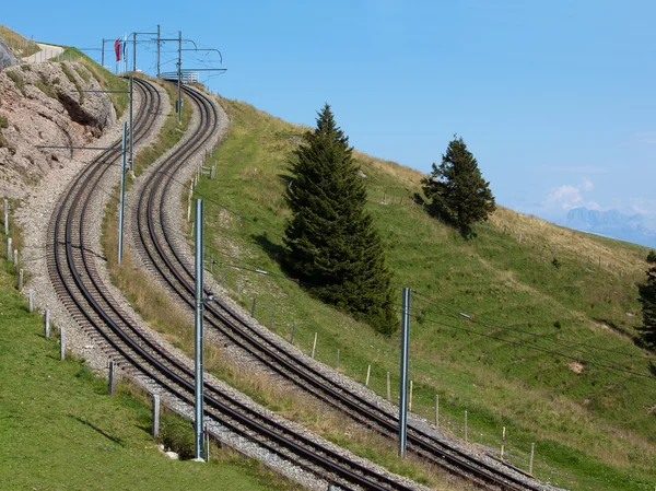 stock image Two curved and steep railways in the mountains