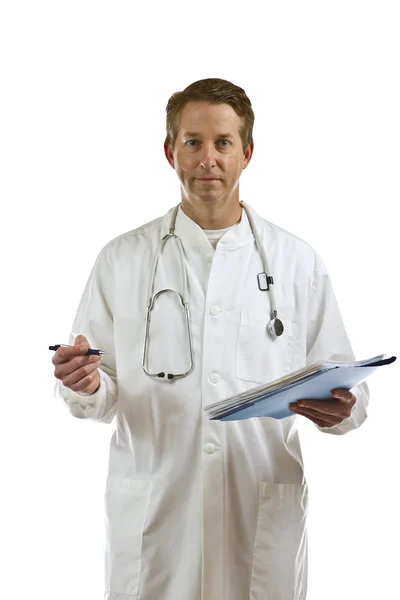 Male doctor with medical records on white background — Stock Photo, Image