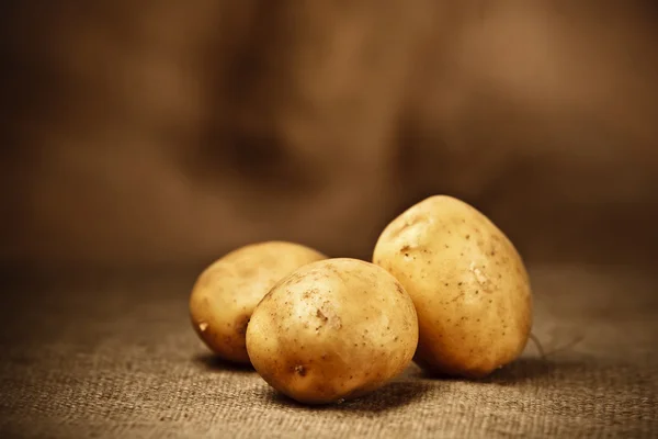 Patatas frescas en el fondo del saqueo Imagen de stock