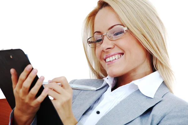 Business woman hold a folder and write — Stock Photo, Image