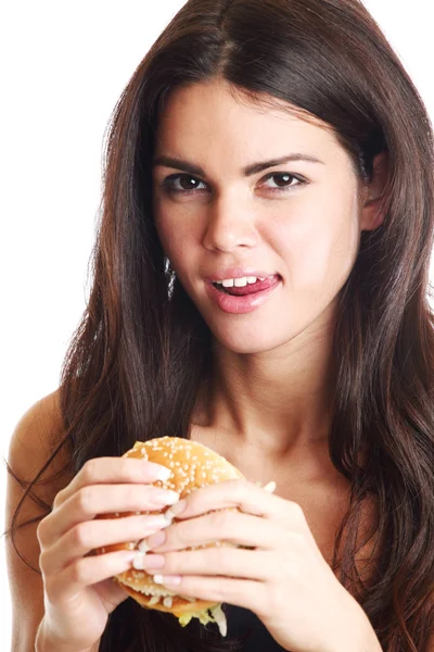 Mujer comer hamburguesa — Foto de Stock