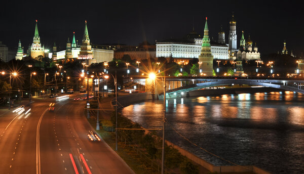 Night view to the Moscow Kremlin from the Patriarchal bridge. Moscow. Russia