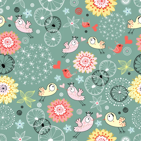 Modèle floral avec des oiseaux amoureux — Image vectorielle