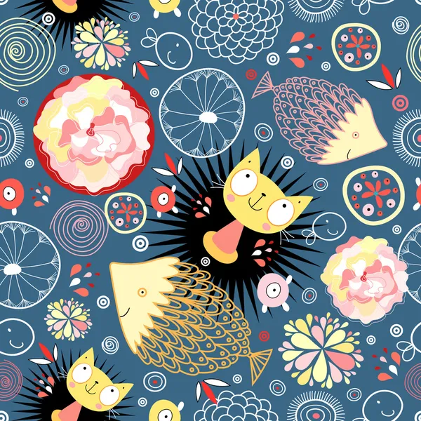 Цветочный узор с котятами и рыбой — стоковый вектор