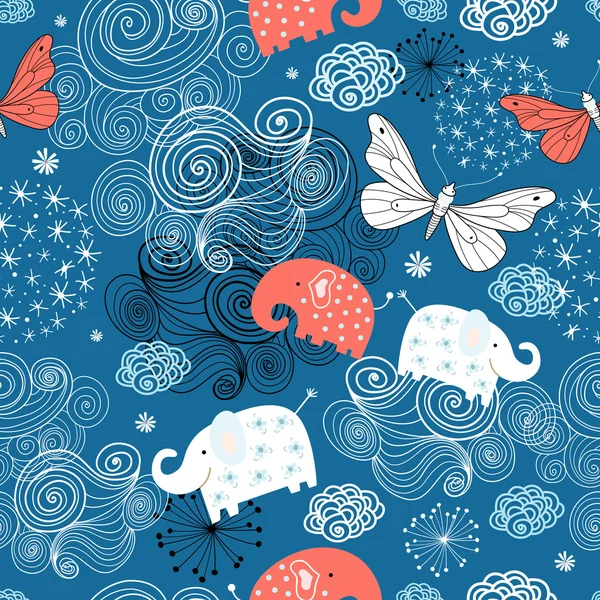 Textura dos elefantes e borboletas entre as nuvens — Vetor de Stock