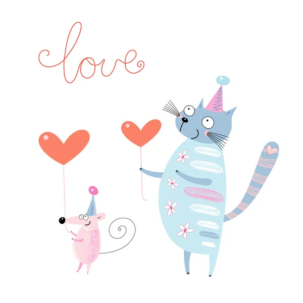 Funny cat and mouse with hearts — Stock Vector