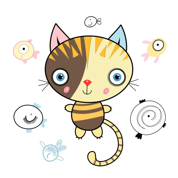 Funny kitty with fish — Stock Vector