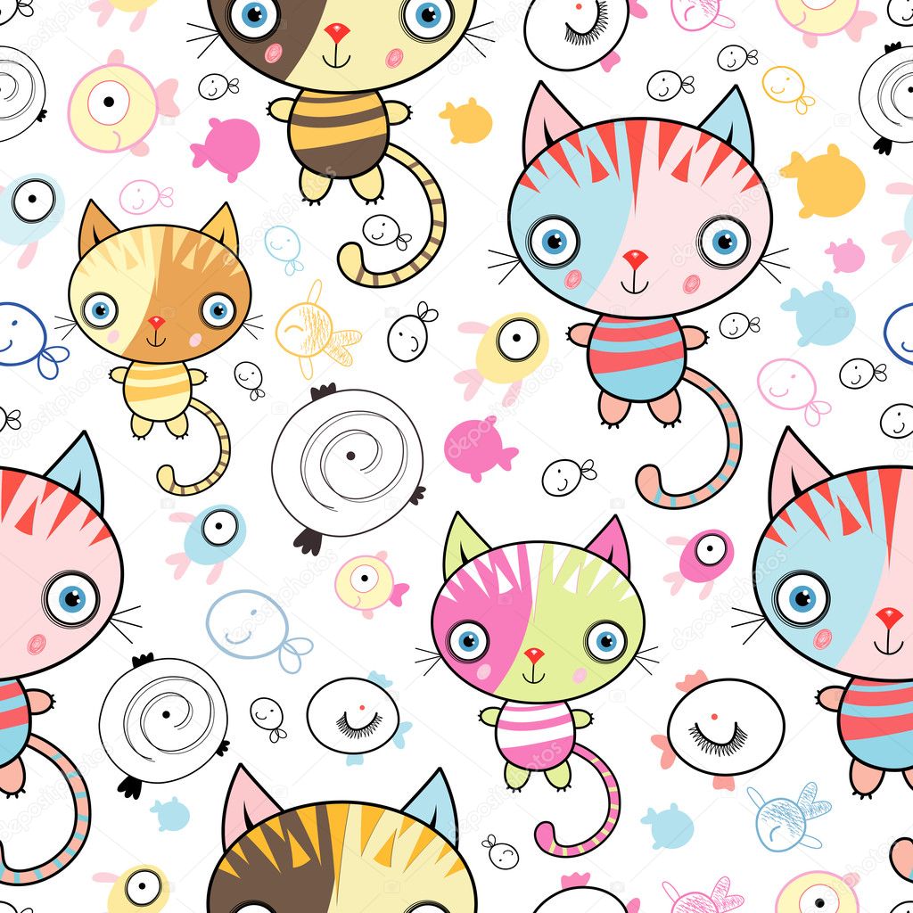 Pattern of kittens and fish