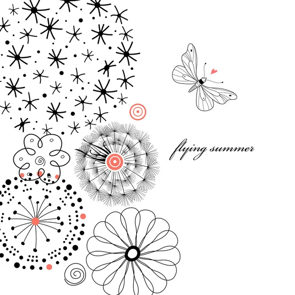 Fleurs noires avec un graphique papillon — Image vectorielle