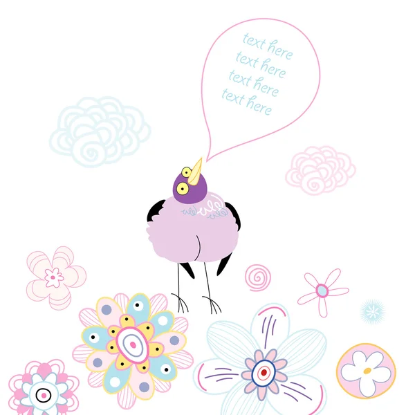 Pássaro roxo engraçado em um fundo floral —  Vetores de Stock
