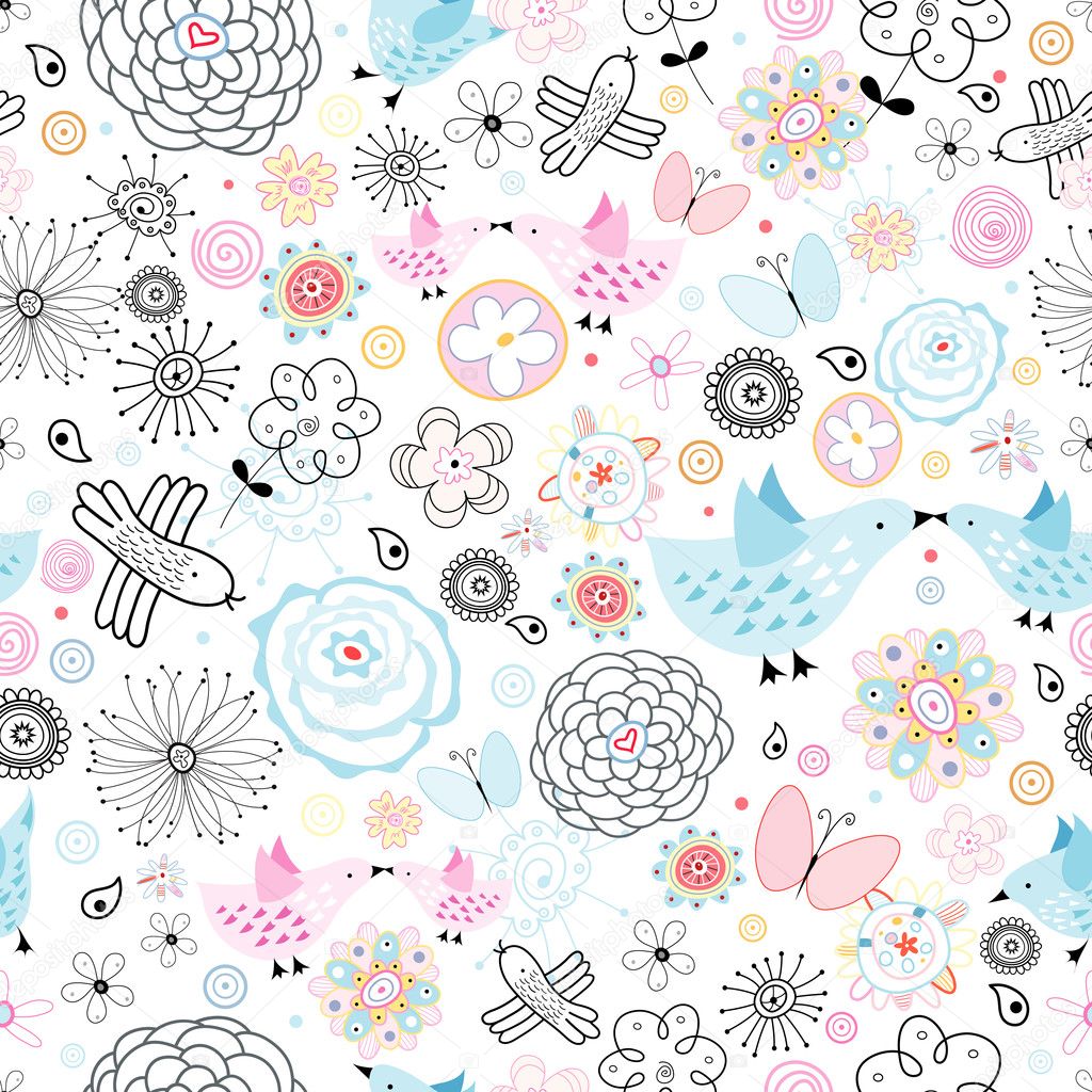 Floral pattern with birds in love