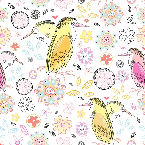 鲜花和爱的苍鹭的生动模式 — 图库矢量图片