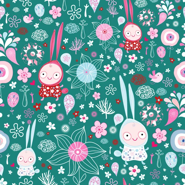 Шаблон веселья кроликов и цветов — стоковый вектор