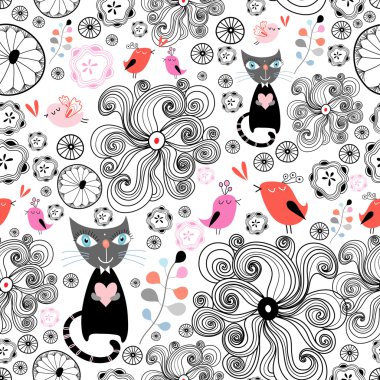 Floral pattern with black cats and birds clipart